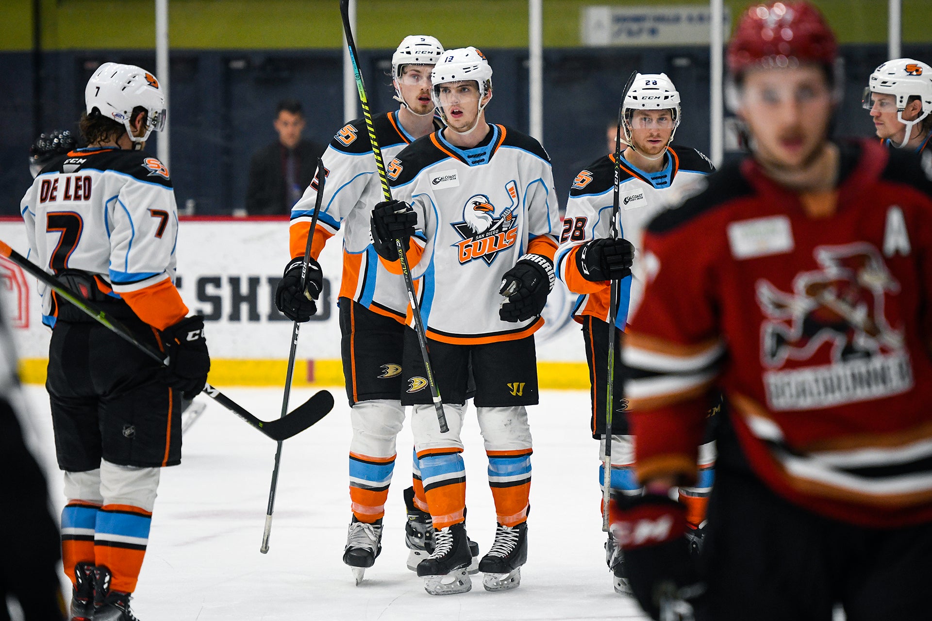 Troy Terry celebrates a goal against the Tucson Roadrunners.